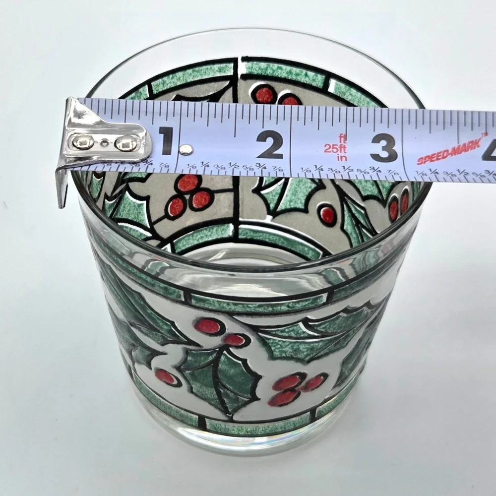 WEST VIRGINIA Snowy Holly & Berry Stained Glass 16oz Lo-Ball Rocks VINTAGE Set 6